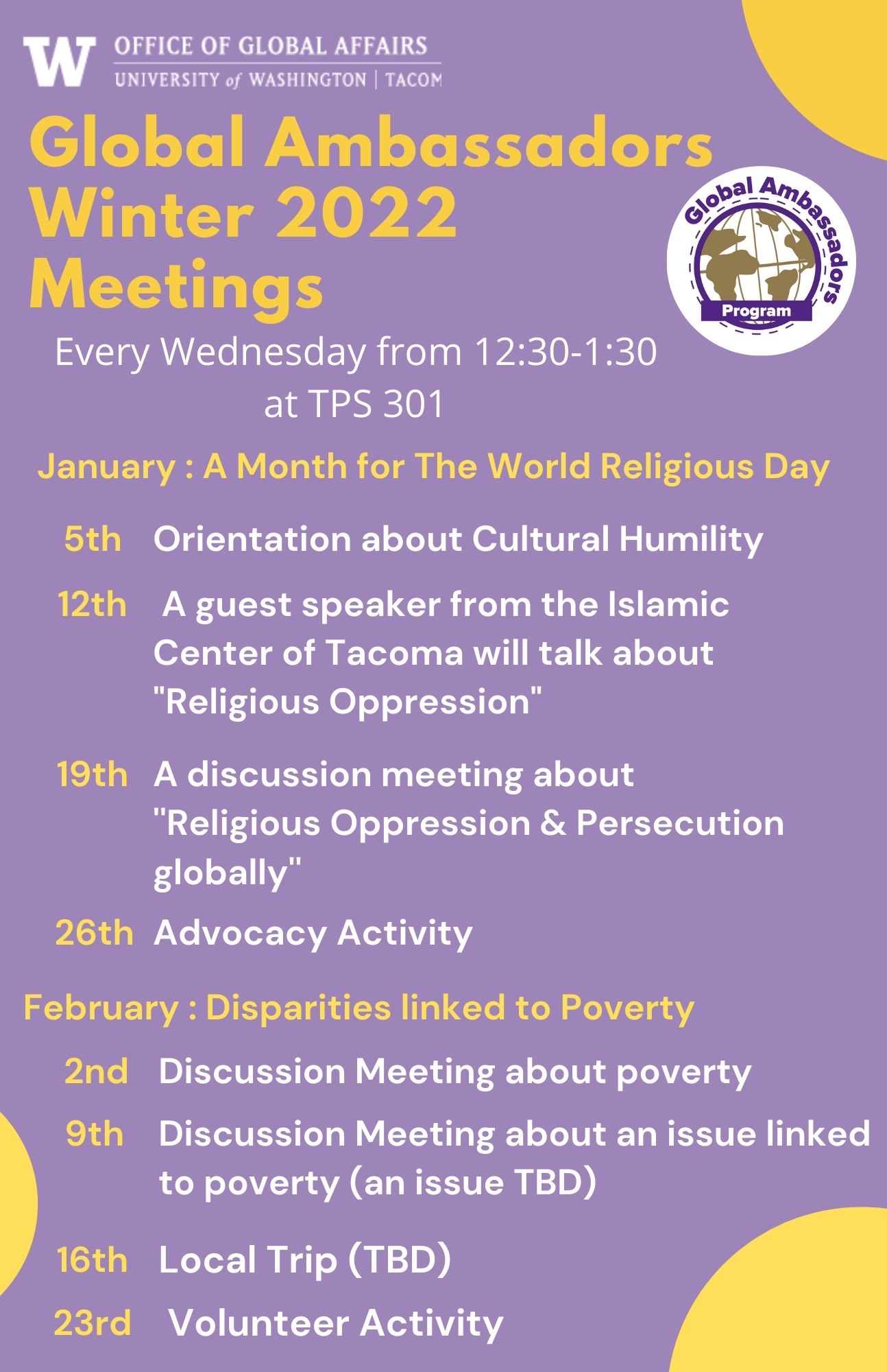 Uw Winter 2022 Time Schedule Global Ambassadors | Office Of Global Affairs | University Of Washington  Tacoma