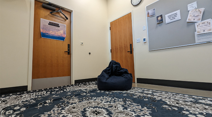 A lone backpack in the meditation space