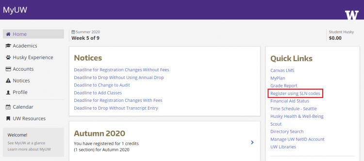 Screenshot of MyUW showing Register using SLN codes link