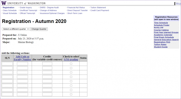 Screenshot of Registration with SLNs screen